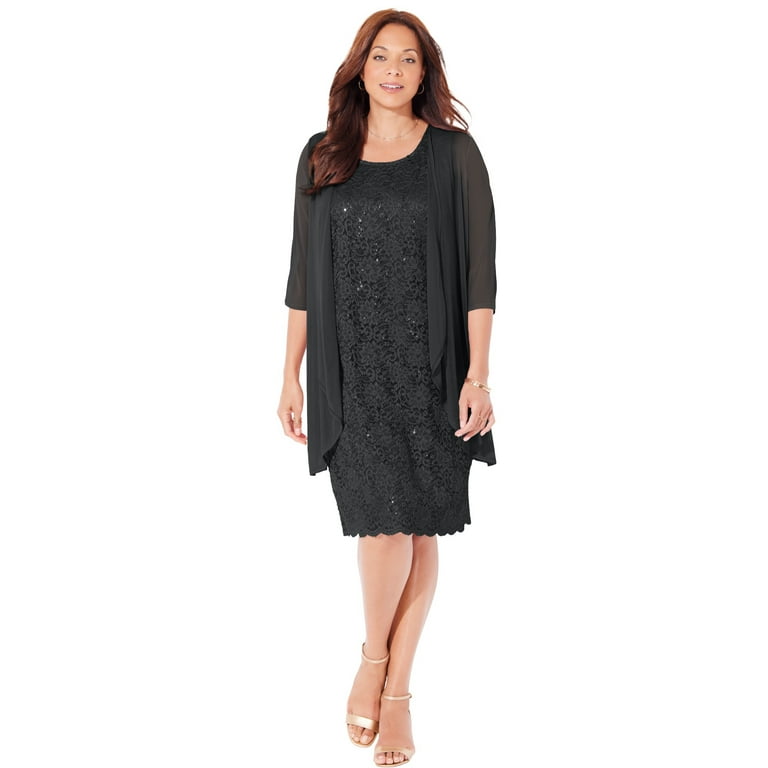 Catherines Women s Plus Size Petite Sparkling Lace Jacket Dress 20 WP Black