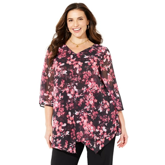 Catherines Women's Plus Size Petite Split-Front Tiered Blouse