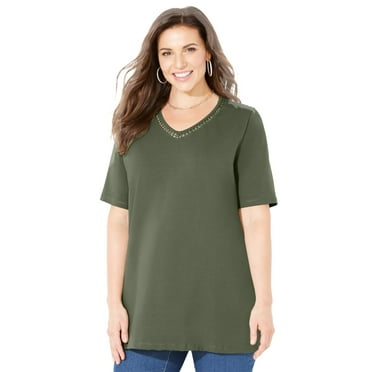 Catherines Women's Plus Size Petite Suprema Crochet V-Neck Tee