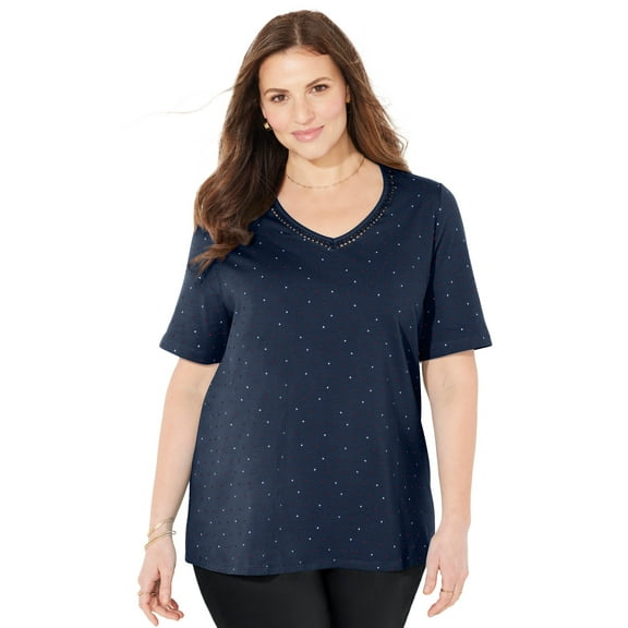 Catherines Women's Plus Size Petite Suprema Crochet V-Neck Tee