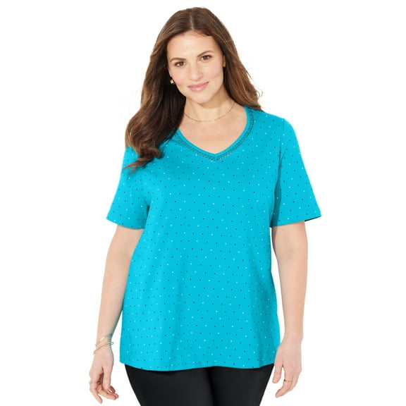 Catherines Women's Plus Size Petite Suprema Crochet V-Neck Tee