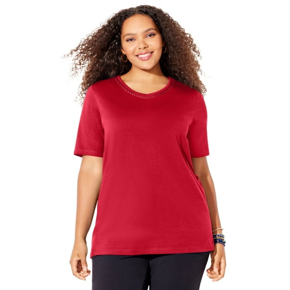 Catherines Women's Plus Size Petite Suprema Crochet V-Neck Tee