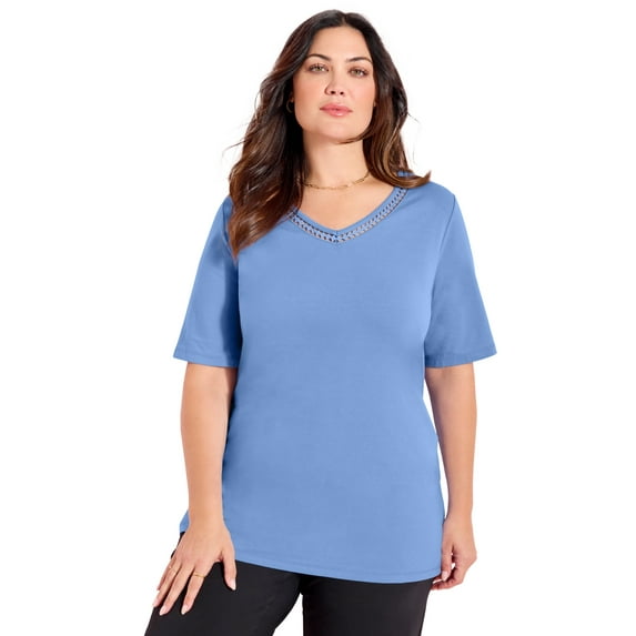 Catherines Women's Plus Size Petite Suprema Crochet V-Neck Tee