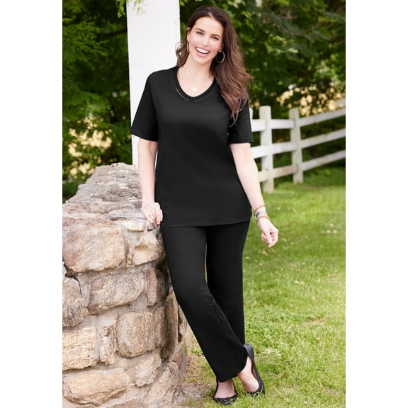 Catherines Women's Plus Size Petite Suprema Crochet V-Neck Tee