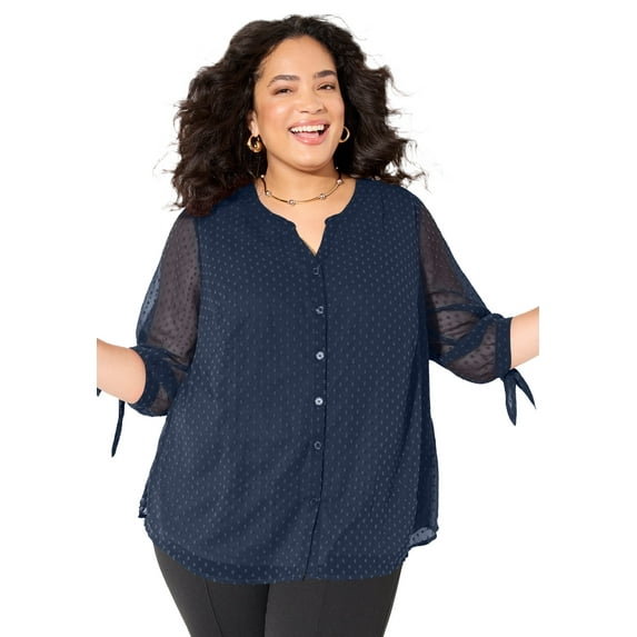 Catherines Women's Plus Size Petite Swiss Dot Tie Sleeve Blouse