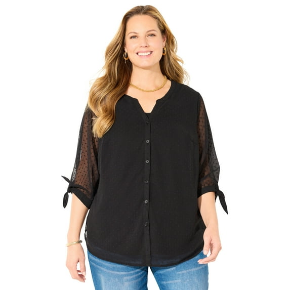 Catherines Women's Plus Size Petite Swiss Dot Tie Sleeve Blouse