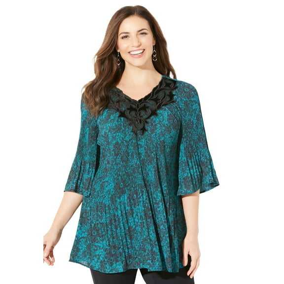 Catherines Women's Plus Size Petite Velvet Trim Pleated Blouse