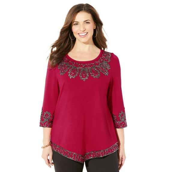 Catherines Women's Plus Size Pointed Hem Embroidered Top
