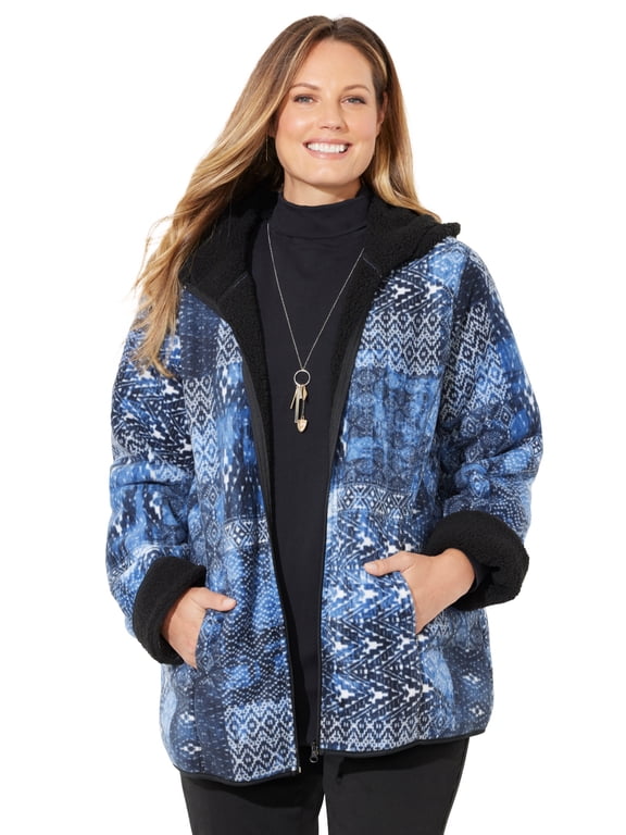 Women's Plus Size Printed Fleece Coat With Sherpa Lining