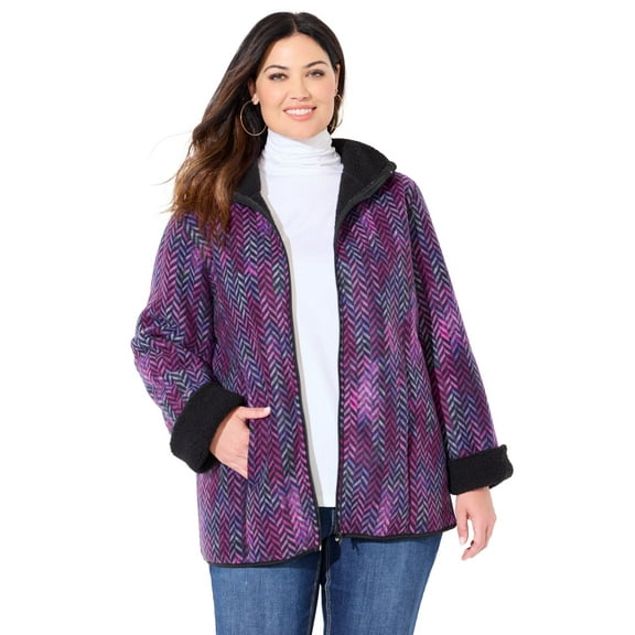 Catherines Women's Plus Size Printed Fleece Coat With Sherpa Lining