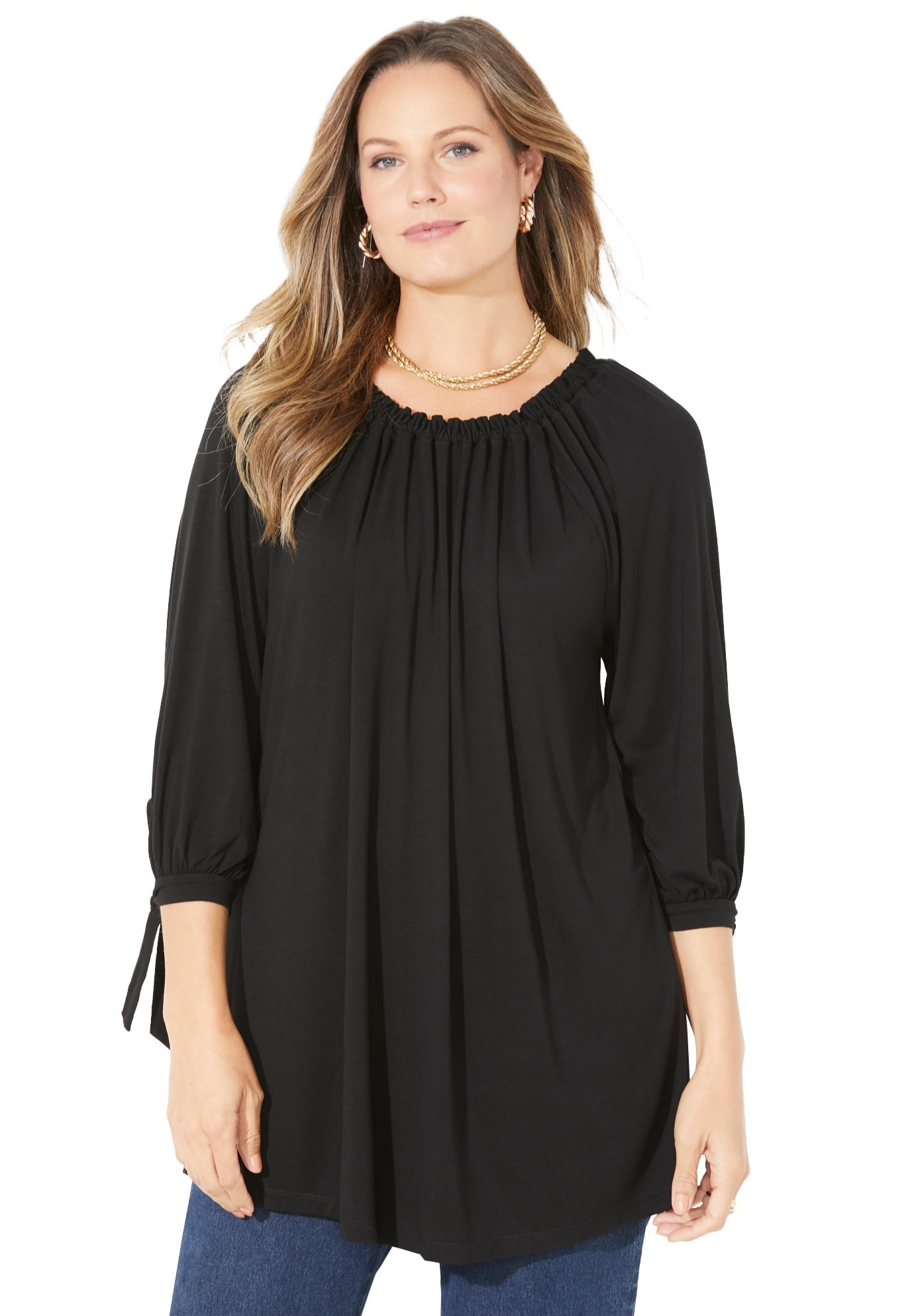 Catherines Women's Plus Size Ruched Neck Tie-Sleeve Top - Walmart.com