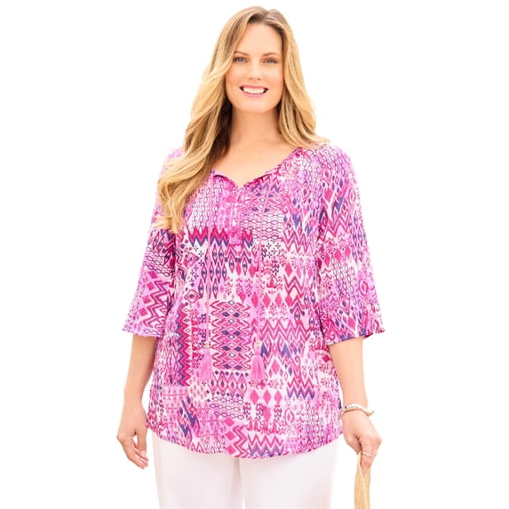 Catherines Women's Plus Size Sequin Trim Gauze Peasant Blouse