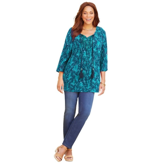 Catherines Women's Plus Size Sequin Trim Gauze Peasant Blouse