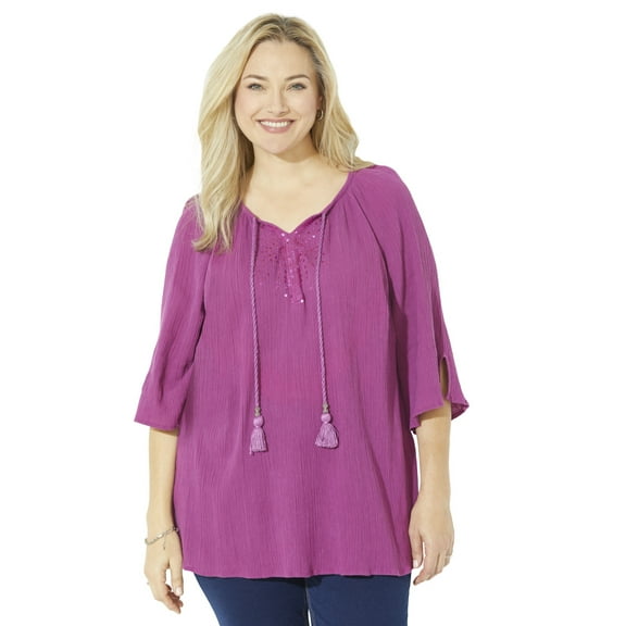 Catherines Women's Plus Size Sequin Trim Gauze Peasant Blouse