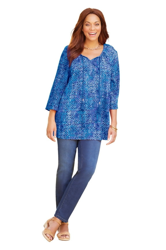 Women's Plus Size Sequin Trim Gauze Peasant Blouse