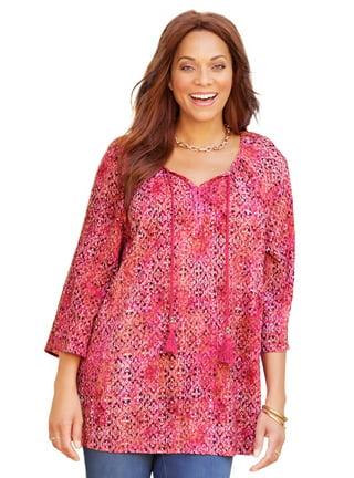  Catherines Womens Plus Size Georgette Buttonfront Tie Sleeve  Cafe Blouse - 2X, Pink Burst Painted Paisley