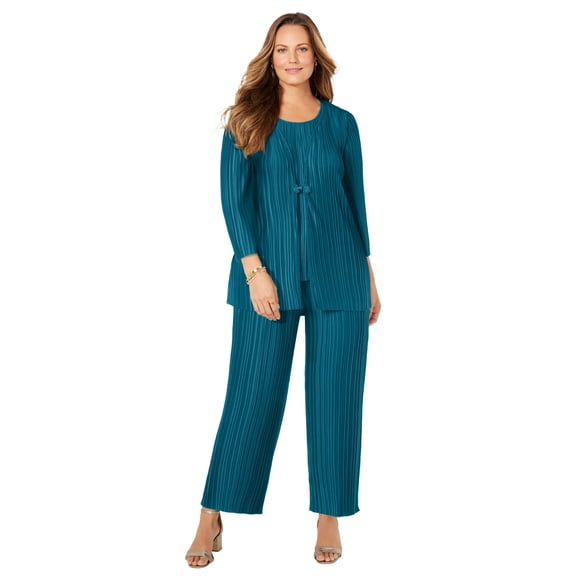 Catherines Women's Plus Size Shiny Pleated Knit 3-Piece Pant Suit
