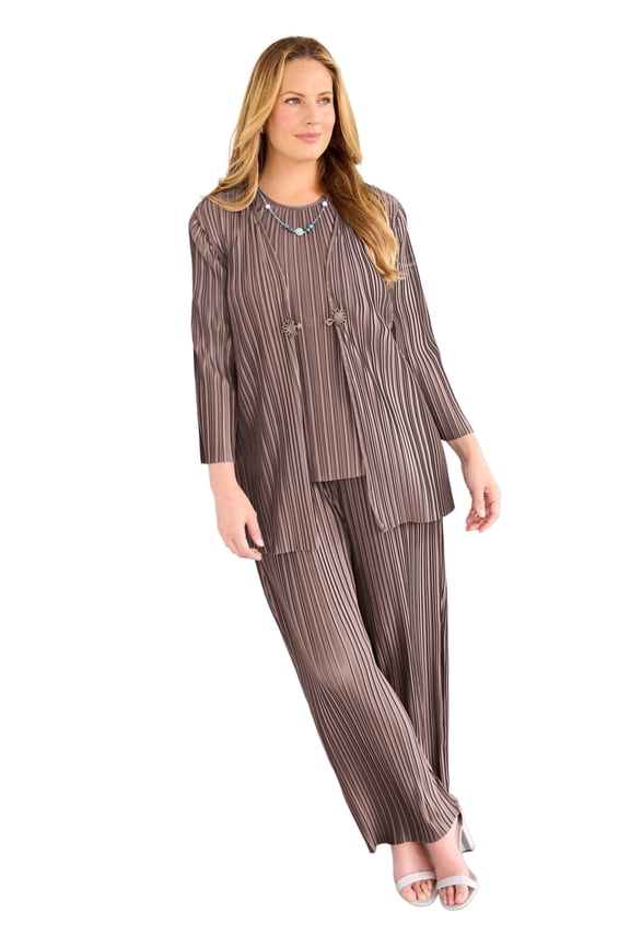 Women's Plus Size Shiny Pleated Knit 3-Piece Pant Suit