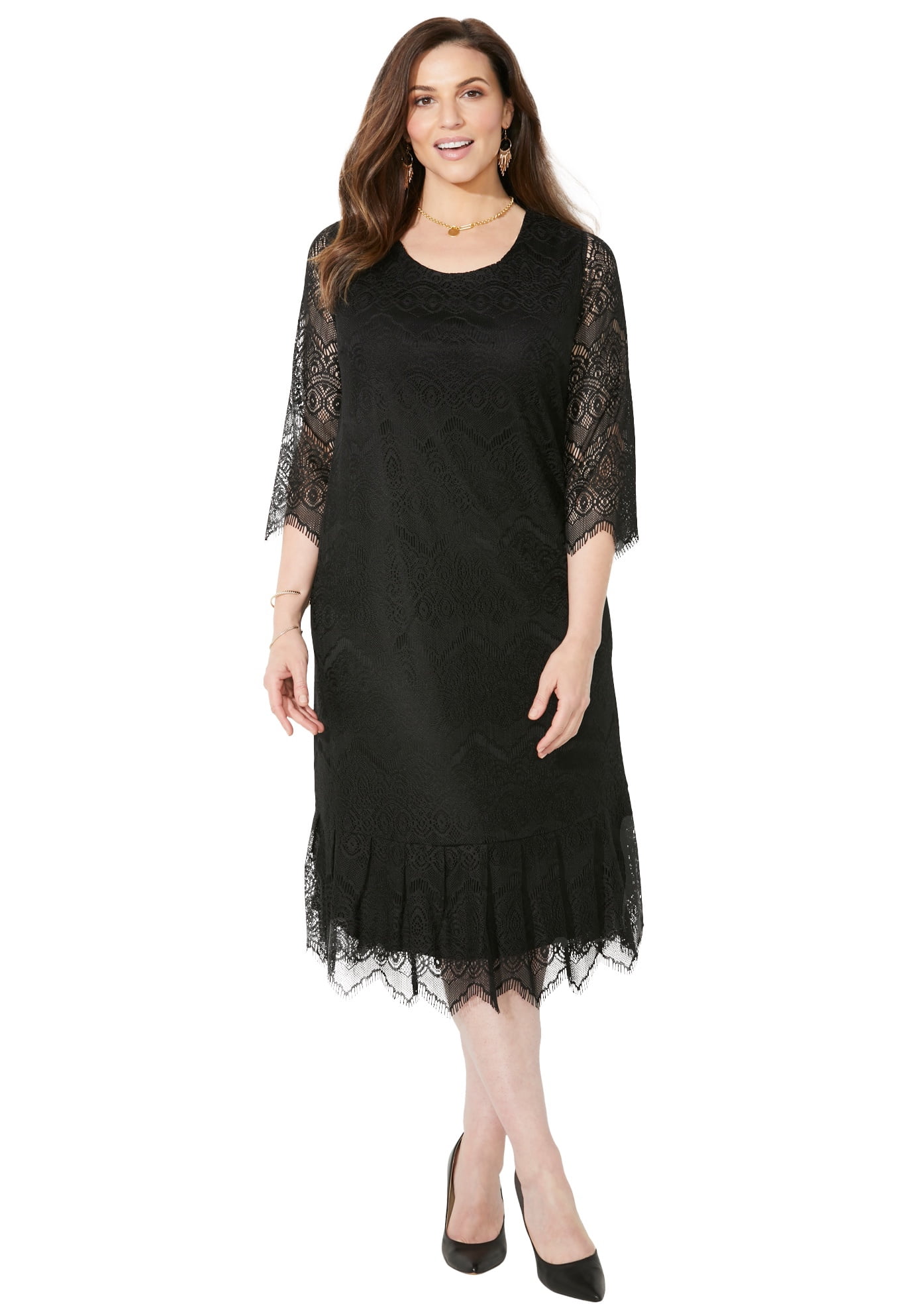 Catherines Women's Plus Size Shirred Lace Flounce Dress