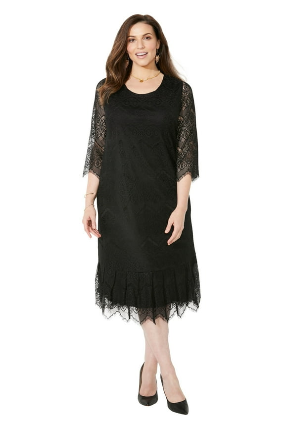 Women's Plus Size Shirred Lace Flounce Dress