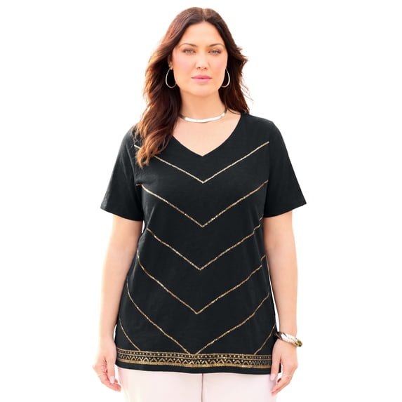 Catherines Women's Plus Size Slub Knit V-Neck Sequin Tee