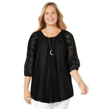 Catherines Women's Plus Size Stretch Lace Peasant Blouse