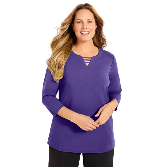 Catherines Women's Plus Size Suprema 3/4 Sleeve V-Neck Cutout Tee