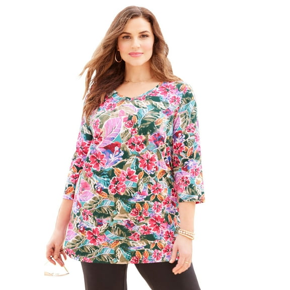 Catherines Women's Plus Size Suprema 3/4 Sleeve V-Neck Tee