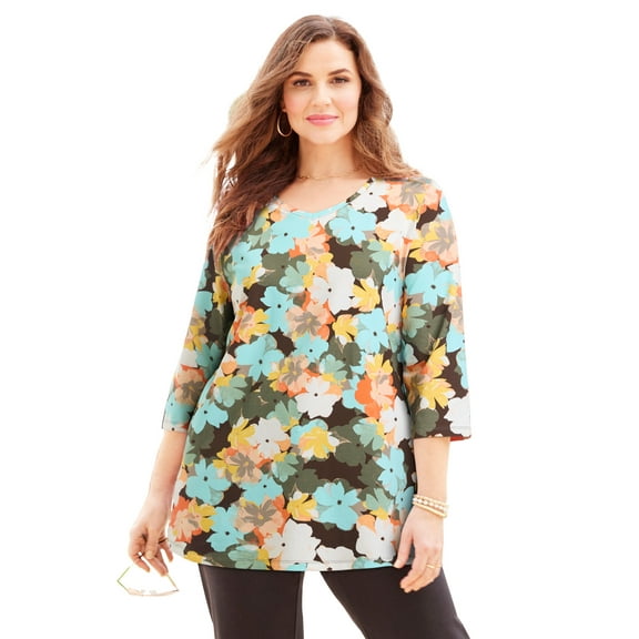 Catherines Women's Plus Size Suprema 3/4 Sleeve V-Neck Tee