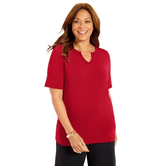 Catherines Women's Plus Size Suprema Embroidered Notch-Neck Tee
