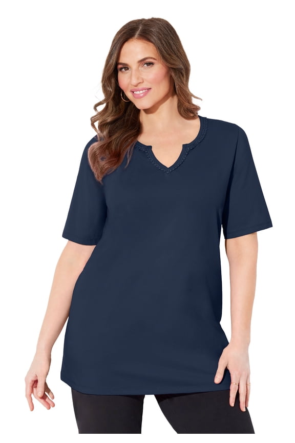 Women's Plus Size Suprema Embroidered Notch-Neck Tee
