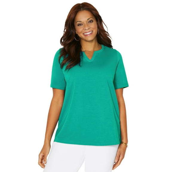 Catherines Women's Plus Size Suprema Embroidered Notch-Neck Tee
