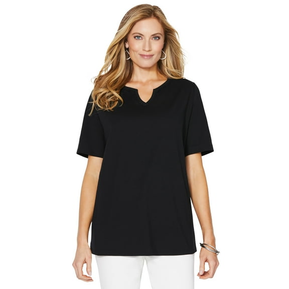Catherines Women's Plus Size Suprema Embroidered Notch-Neck Tee