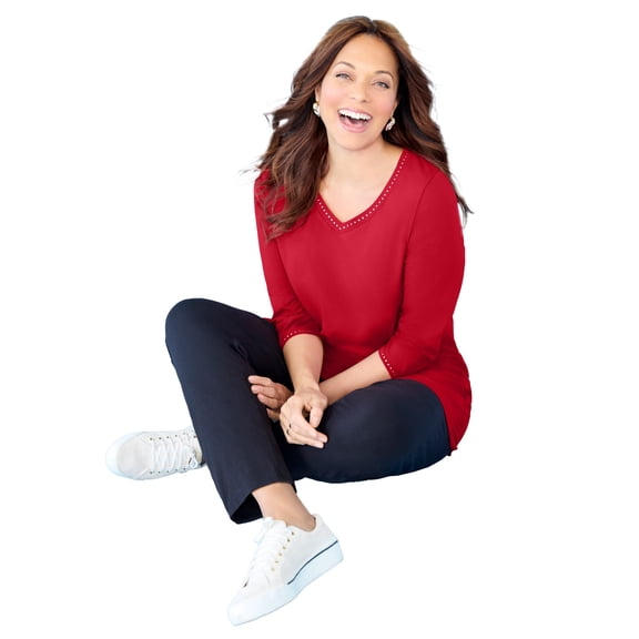 Catherines Women's Plus Size Suprema Studio 3/4 Sleeve Studded V-Neck Tee