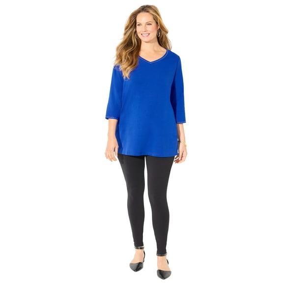 Catherines Women's Plus Size Suprema Studio 3/4 Sleeve Studded V-Neck Tee