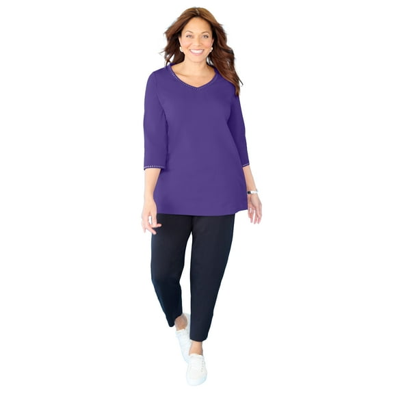 Catherines Women's Plus Size Suprema Studio 3/4 Sleeve Studded V-Neck Tee