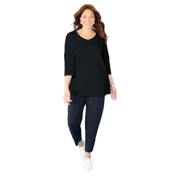 Catherines Women's Plus Size Suprema Studio 3/4 Sleeve Studded V-Neck Tee