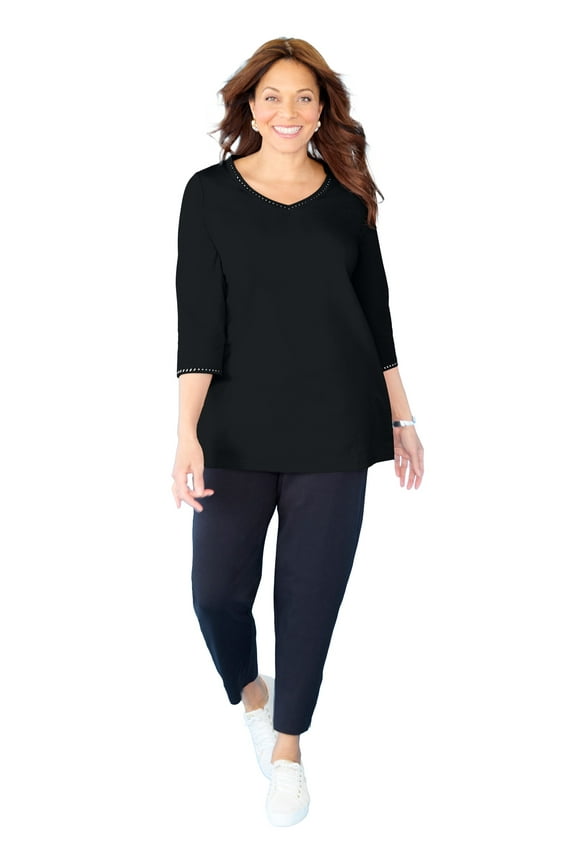 Women's Plus Size Suprema Studio 3/4 Sleeve Studded V-Neck Tee