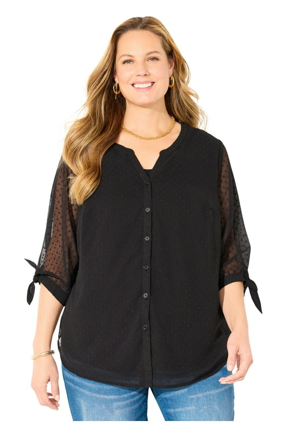Women's Plus Size Swiss Dot Tie Sleeve Blouse