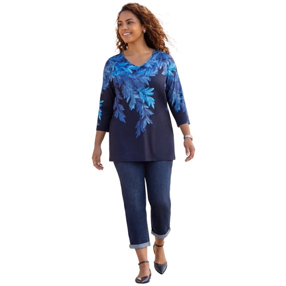 Catherines Women's Plus Size V-Neck Placement Print Top