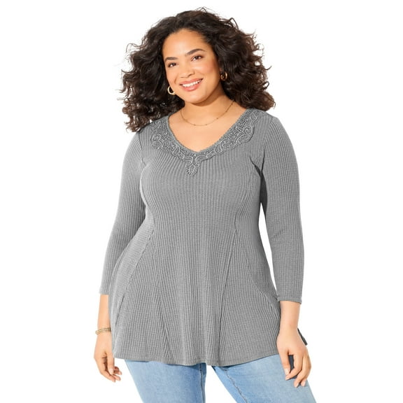 Catherines Women's Plus Size Waffle Knit Lace Trim Tunic
