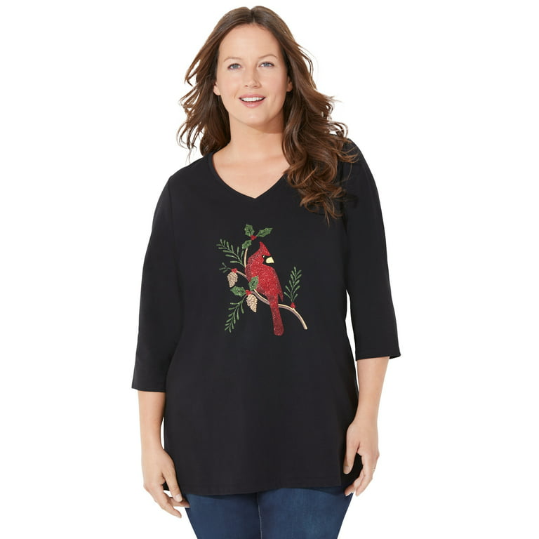 Catherines Women's Plus Size Wit & Whimsy Holiday & Christmas Tees - 2X,  Black Cardinal 