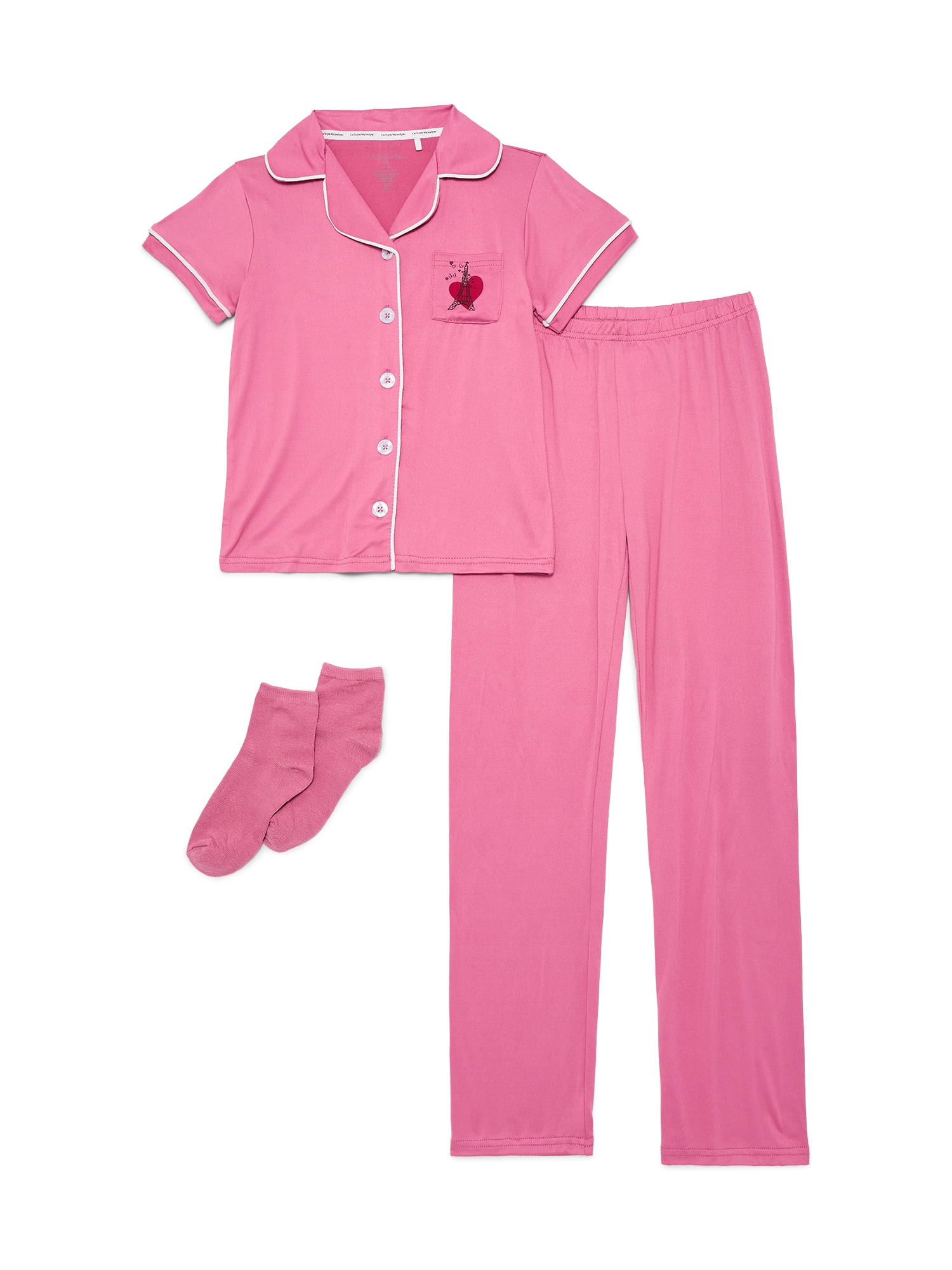 Catherne Malandrino Girls Notch Collar Short Sleeve Top, Pants with Bonus Socks 3-Piece Pajama Set, Sizes 5-16