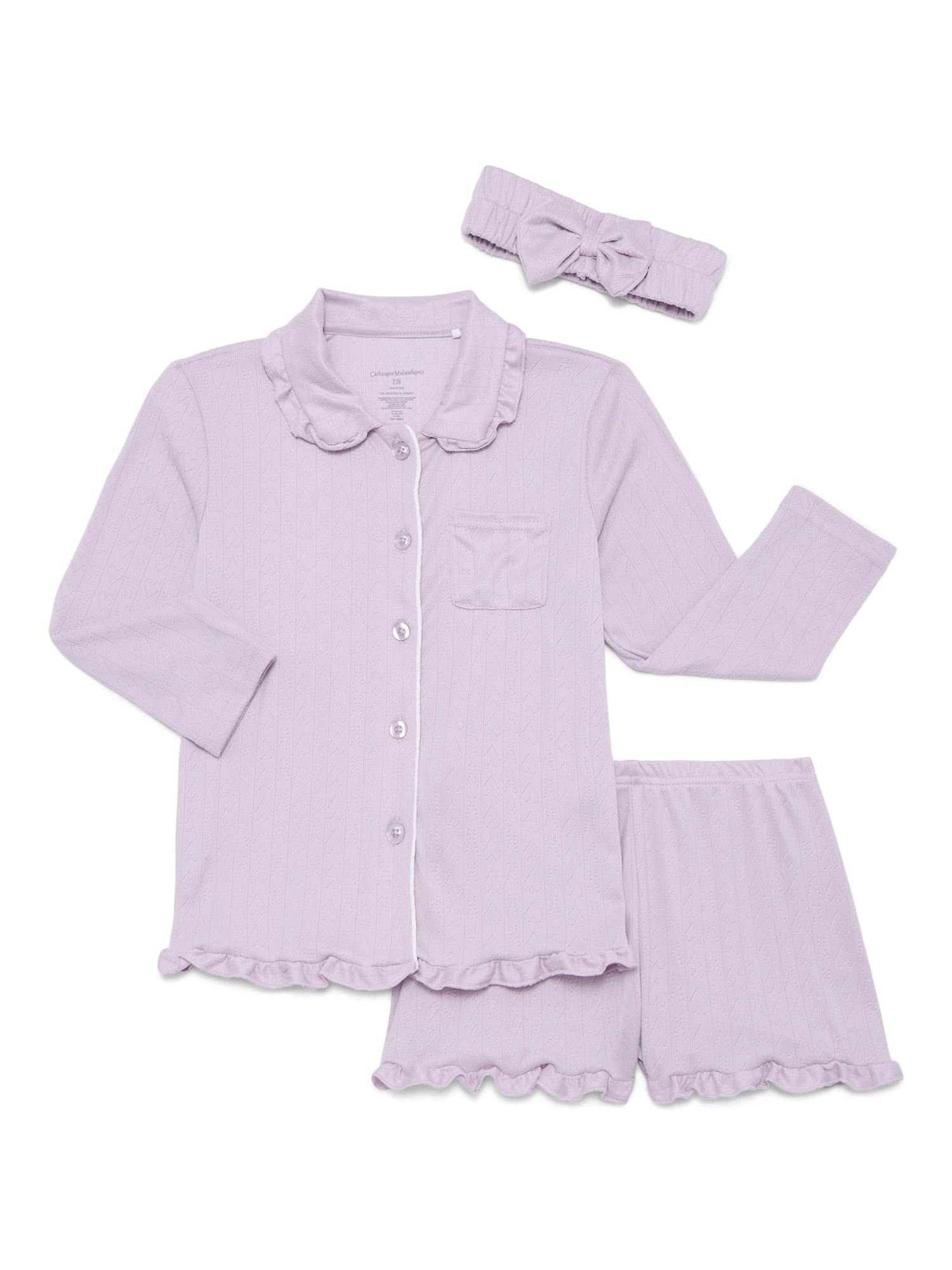 Catherine Malandrino Girls Pointelle Long Sleeve Top, Shorts and Headband Pajama Set, 3-Piece, Sizes 5-16