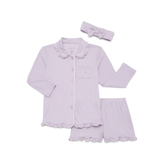 Catherine Malandrino Girls Pointelle Long Sleeve Top, Shorts and Headband Pajama Set, 3-Piece, Sizes 5-16