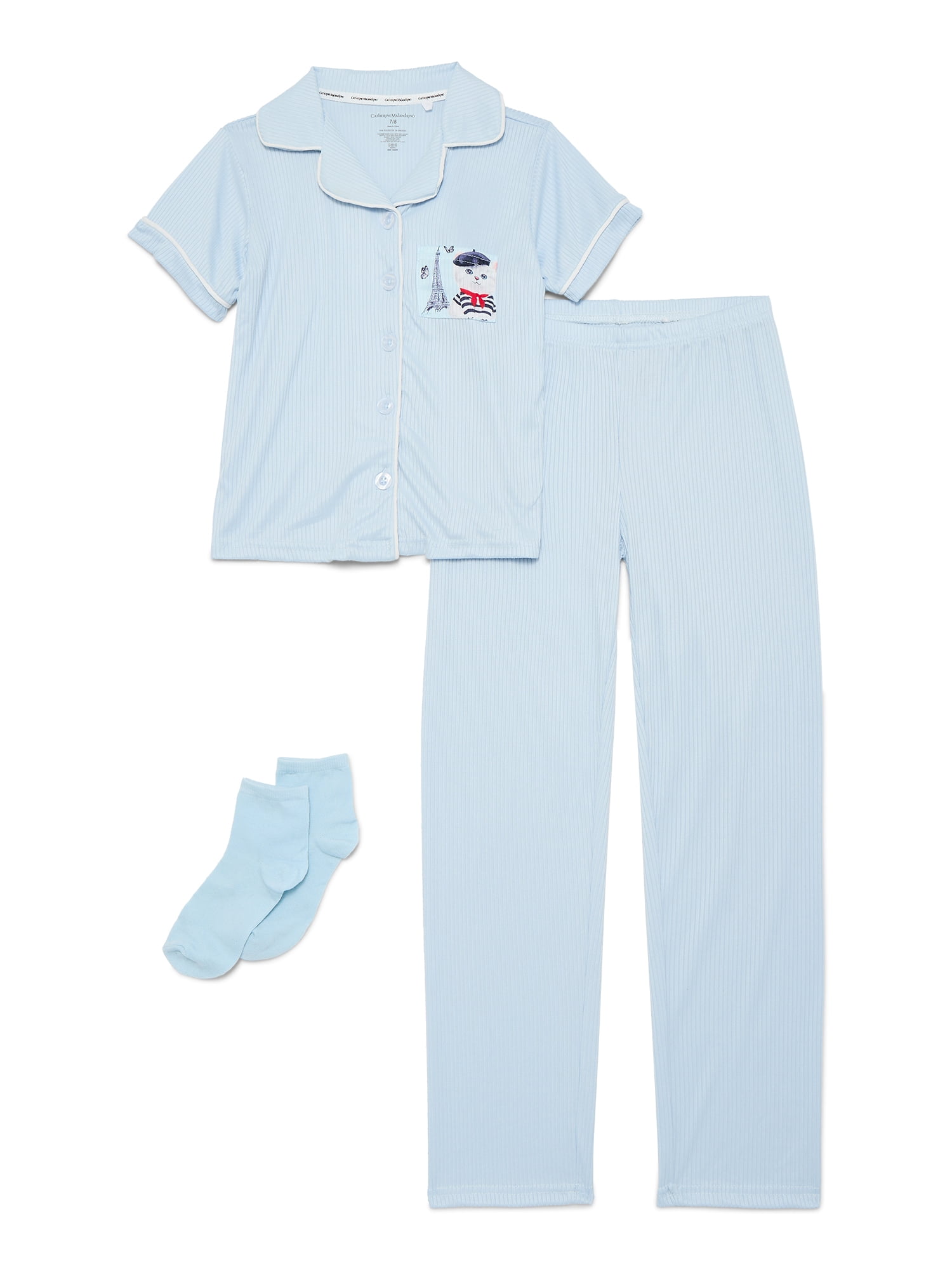 Catherne Malandrino Girls Ribbed Notch Collar Short Sleeve Top, Pants with Bonus Socks 3-Piece Pajama Set, Sizes 5-16