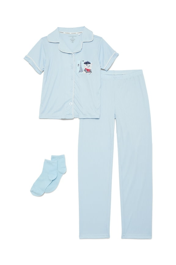 Catherne Malandrino Girls Ribbed Notch Collar Short Sleeve Top, Pants with Bonus Socks 3-Piece Pajama Set, Sizes 5-16