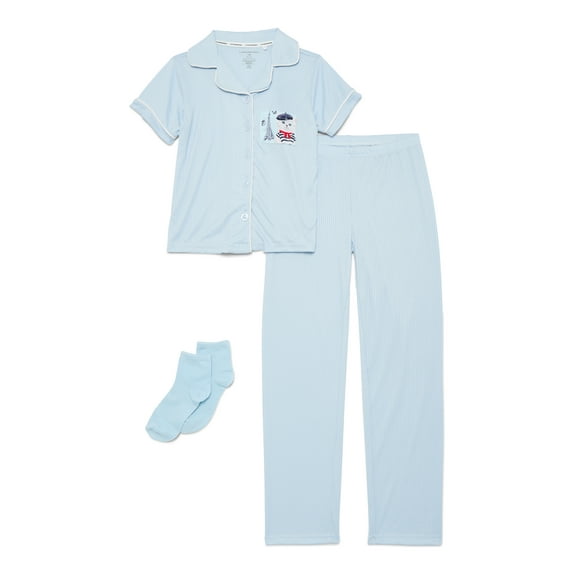 Catherne Malandrino Girls Ribbed Notch Collar Short Sleeve Top, Pants with Bonus Socks 3-Piece Pajama Set, Sizes 5-16
