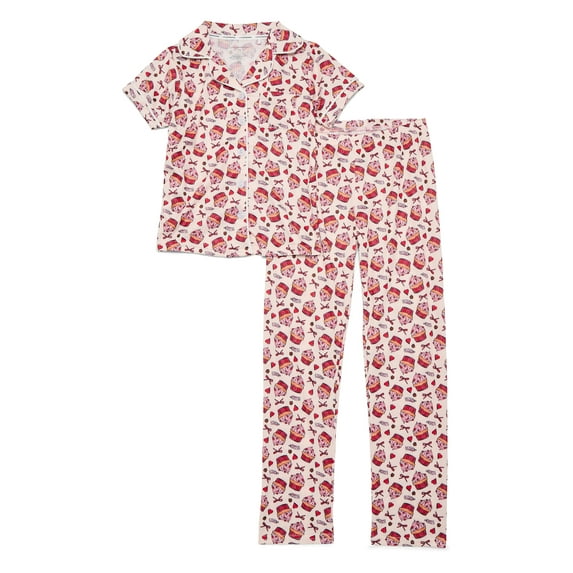 Catherne Malandrino Girls Ribbed Notch Collar Short Sleeve Top, Pants with Bonus Socks 3-Piece Pajama Set, Sizes 5-16