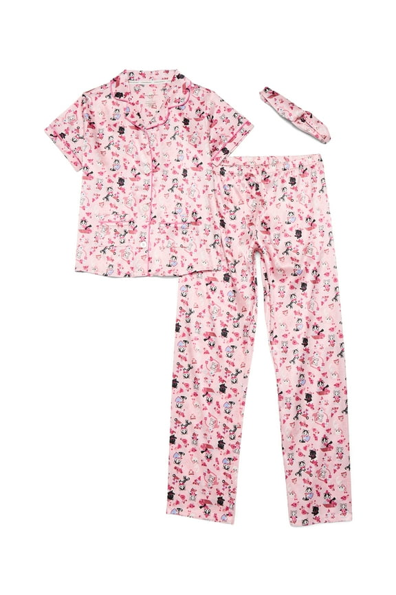 Girls Satin Notch Collar Short Sleeve Top, Pants with Bonus Headband 3-Piece Pajama Set, Sizes 5-16